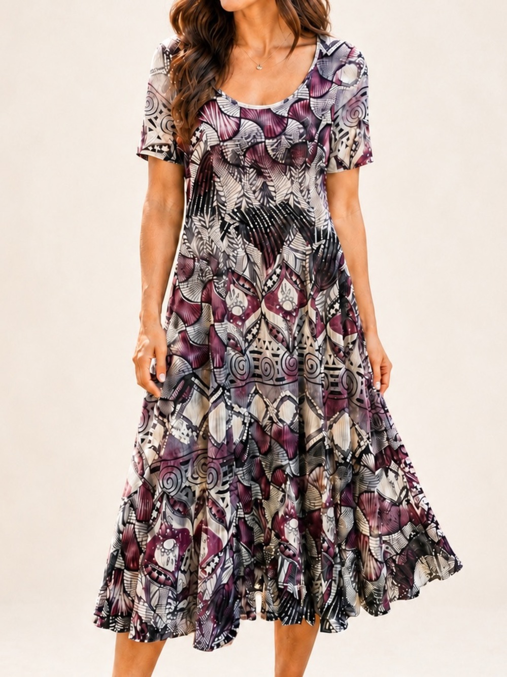 Miss Nikky Purple Abstract Print Lined Swing Dress Size 10 Boho Stretch Midi